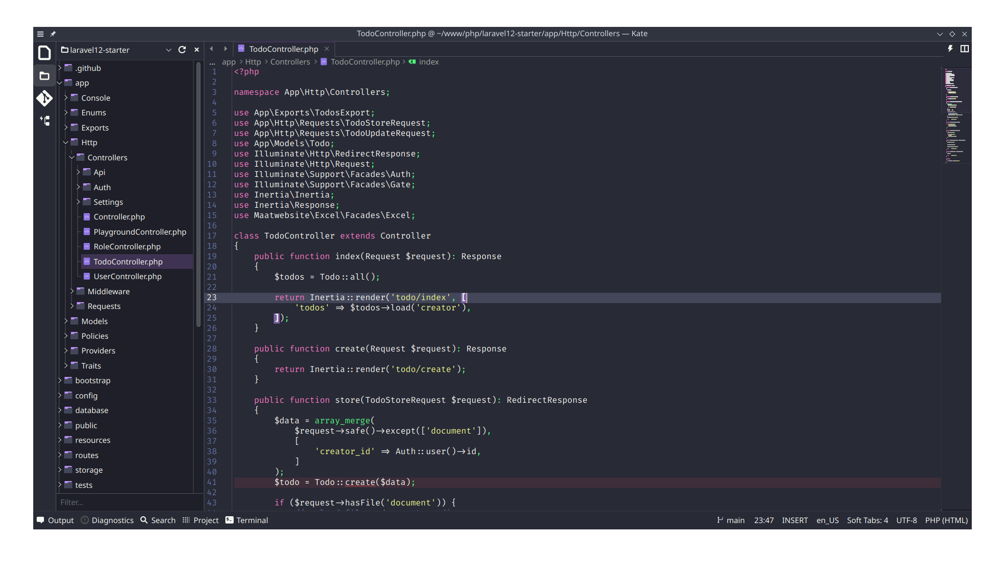 Kate Text Editor opening a Laravel project