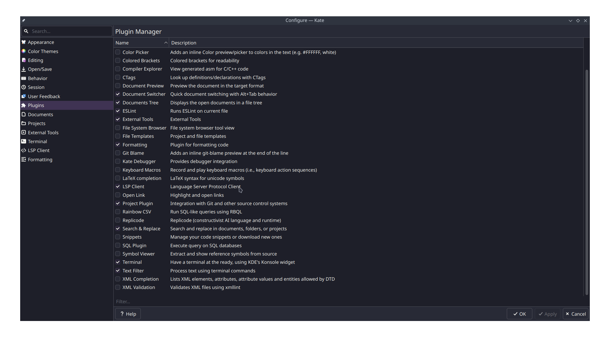 Kate text editor plugin settings